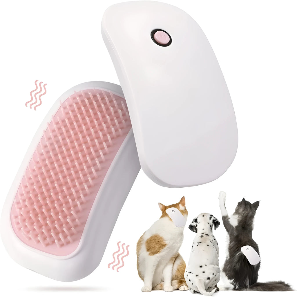 Pink handheld electric vibration pet grooming brush with soft TPE teeth on a white background.