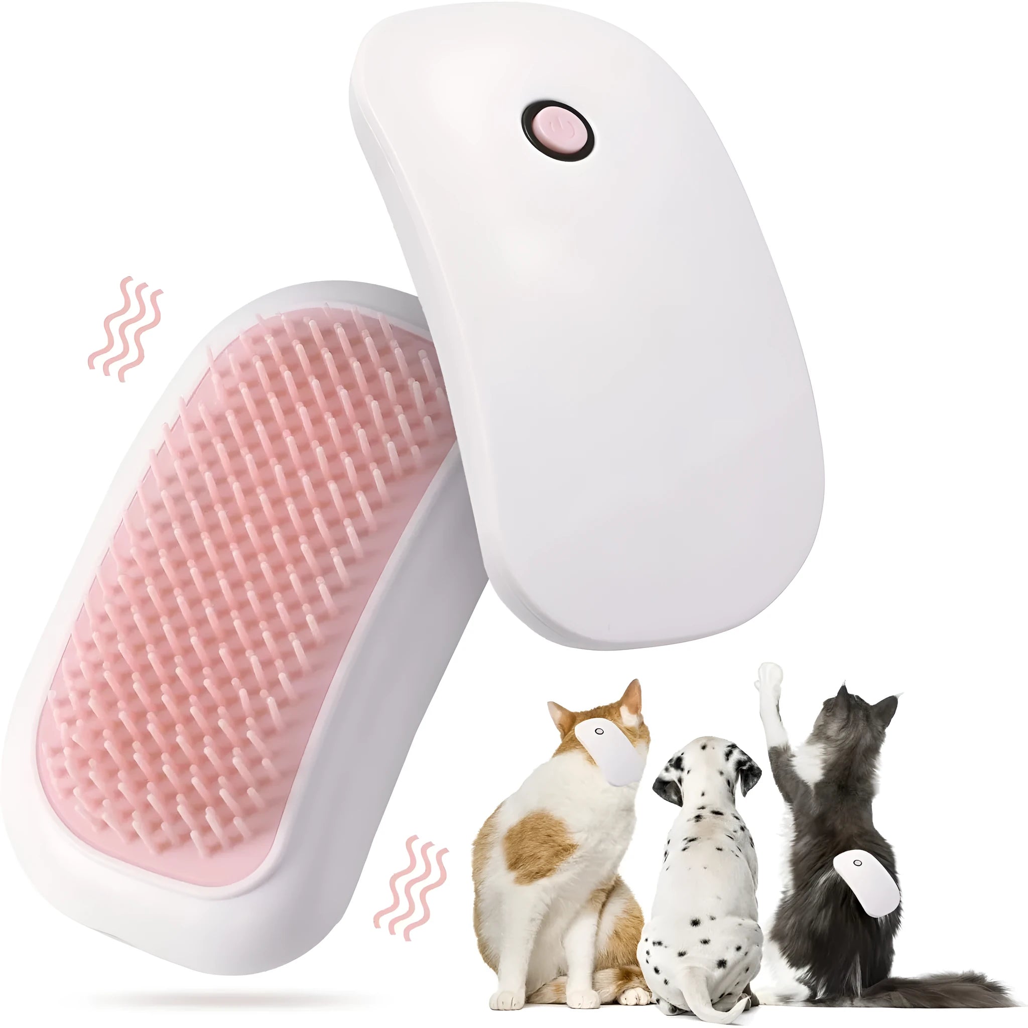 Pink handheld electric vibration pet grooming brush with soft TPE teeth on a white background.
