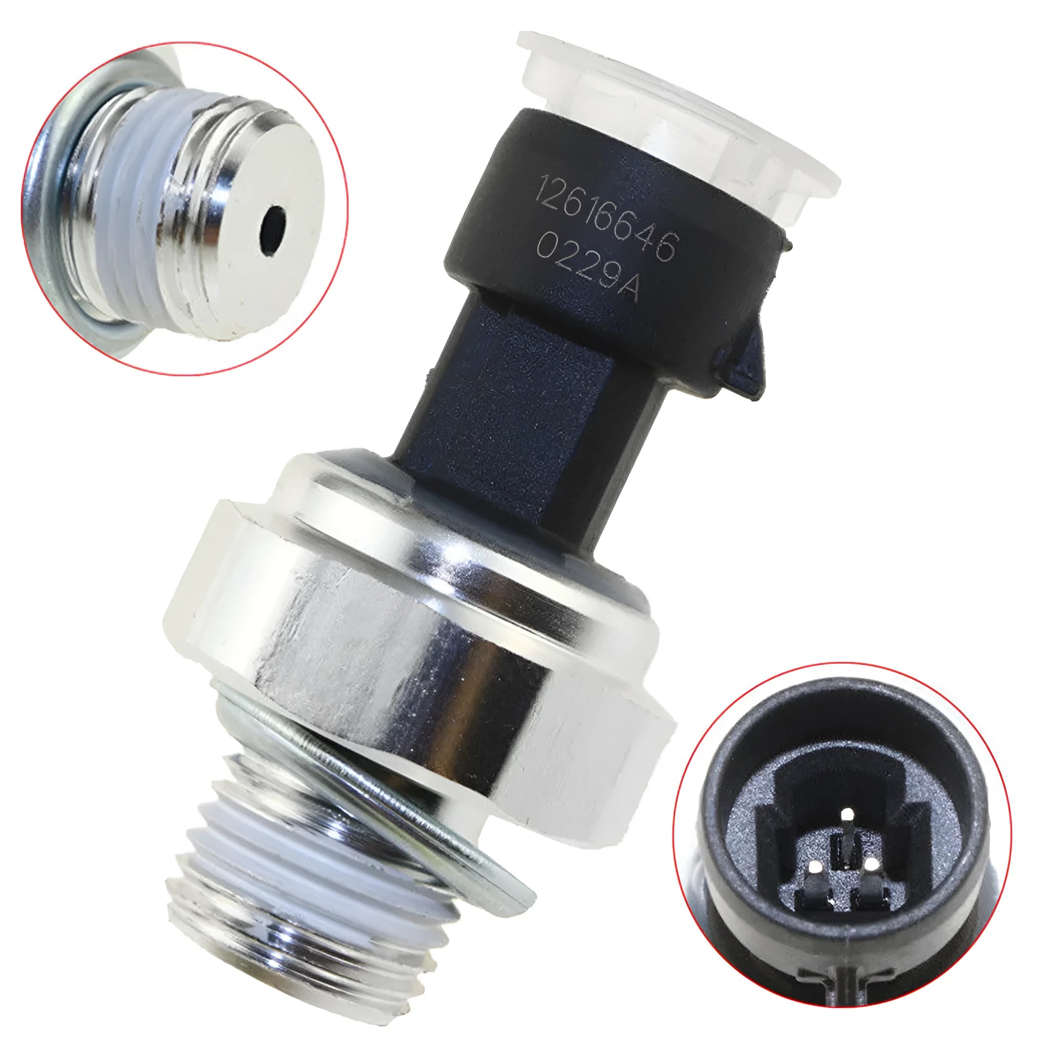 Oil pressure sensor for Buick and Chevrolet cars with visible model number label.