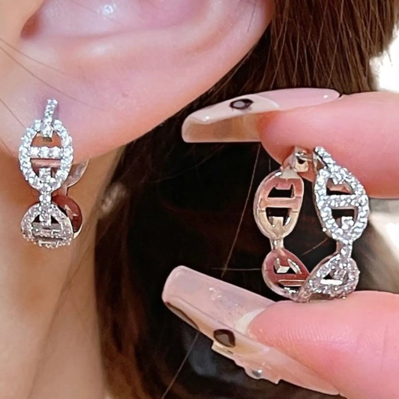 Ladies electroplated copper earrings with diamond effect and thick gold plating in three colour options