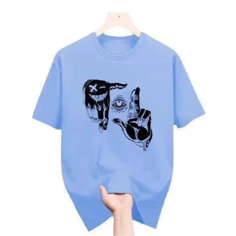 Men's grey mesh T-shirt with cartoon digital print showing round neck and short sleeve design