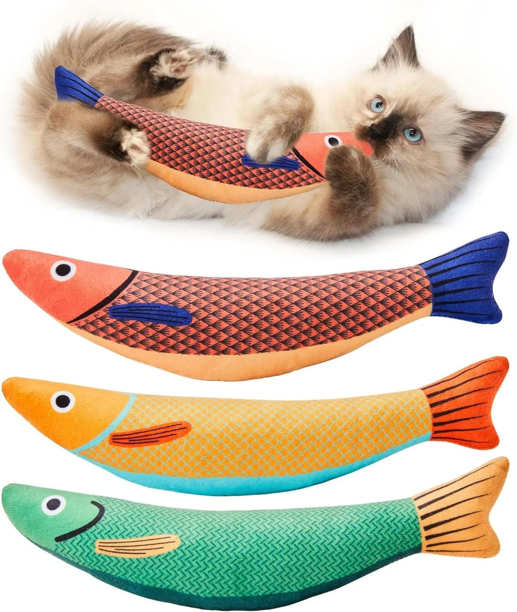 Soft plush fish-shaped cat kicker toy filled with organic catnip in green, orange, and yellow colours.