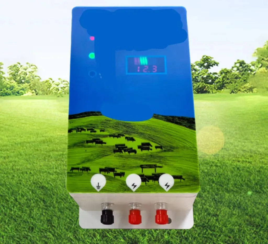Electronic alarm host unit for a high-voltage livestock electric fence system with charger and ear clips.