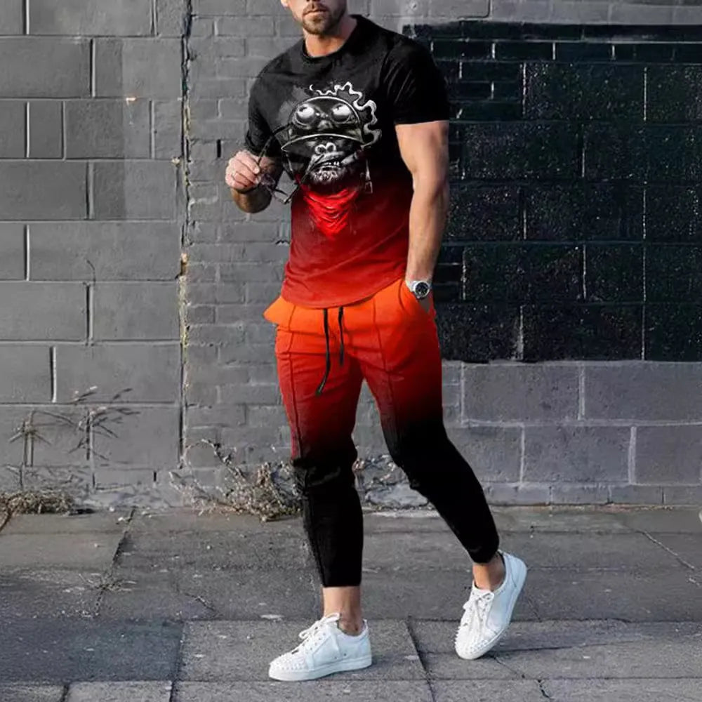 Men's short sleeve printed pullover and trousers set in thin polyester blend fabric for sports and casual wear