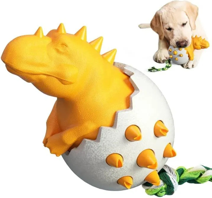 Blue durable rubber dog chew toy with dino design, rope, and textured surface for aggressive chewers.