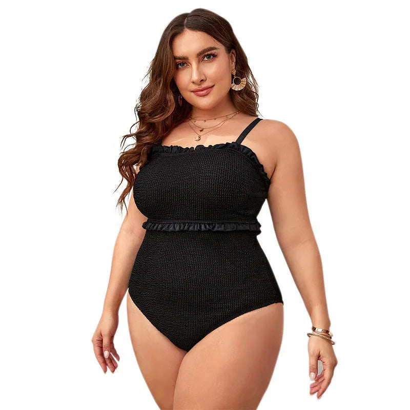 Black plus-size bikini swimsuit with double shoulder straps and belly cover, sizes 0XL to 4XL