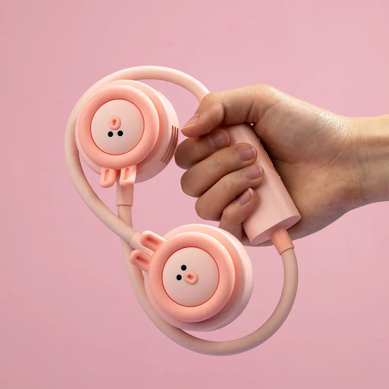 Sanhuo leafless hanging neck fan in pink folded position showing USB port