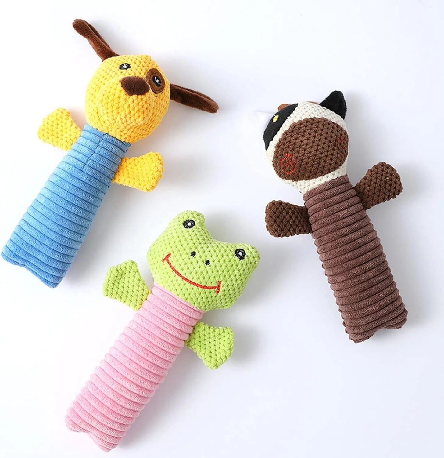 Soft plush dog chew toy in calf, frog, or puppy design with squeaker for dental care