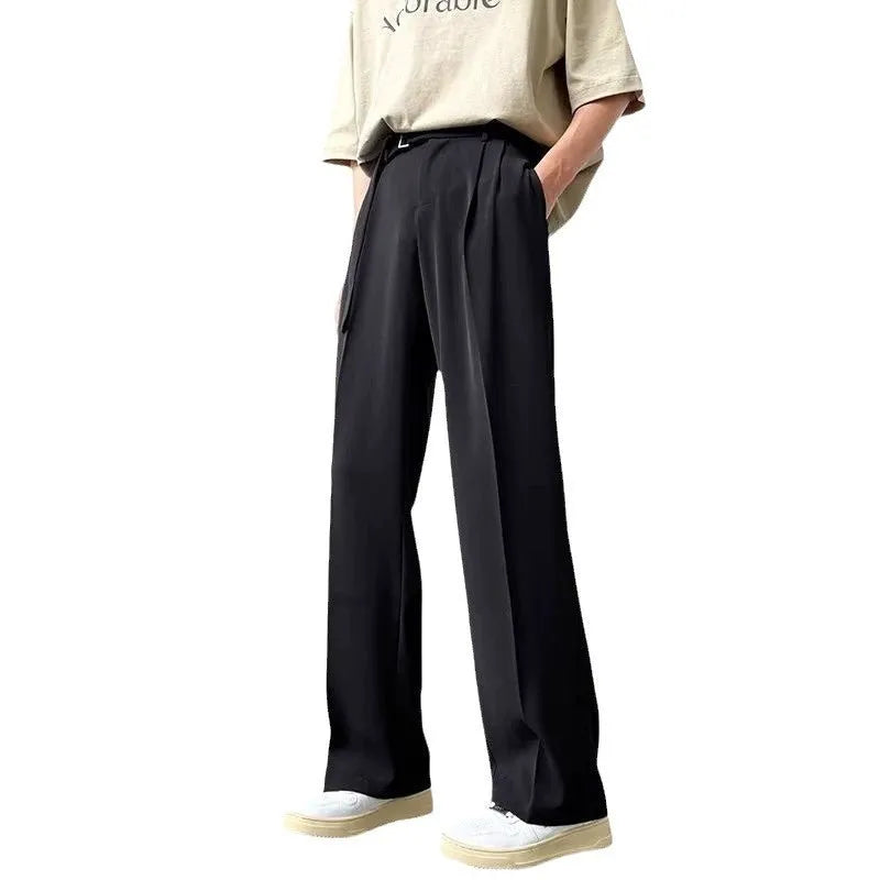 Thin straight black wide leg pants with loose casual fit and non-ironing finish