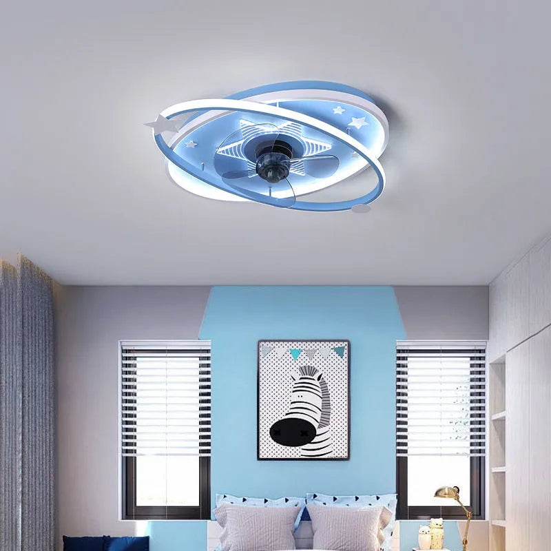 Blue children's bedroom ceiling fan with integrated LED light panels and remote control on white background