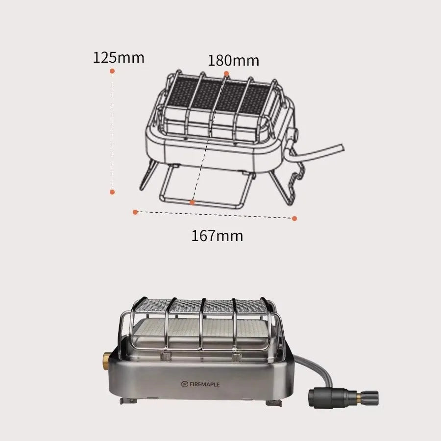 Portable outdoor heating stove with metal finish shown expanded to 180x167x125mm and collapsed for storage
