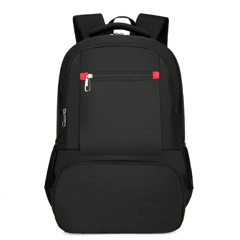 Light grey insulated oxford cloth backpack with curved shoulder straps and front compartments.