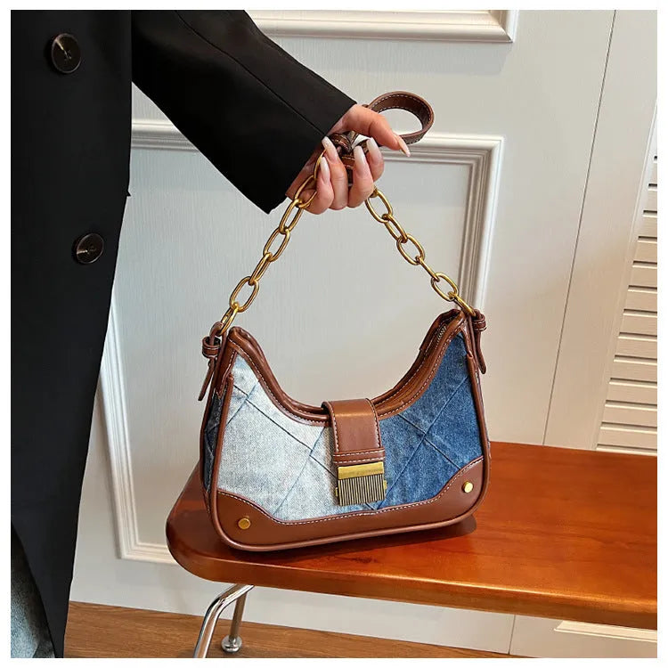Brown denim women's shoulder bag with diamond chain detail and adjustable double straps