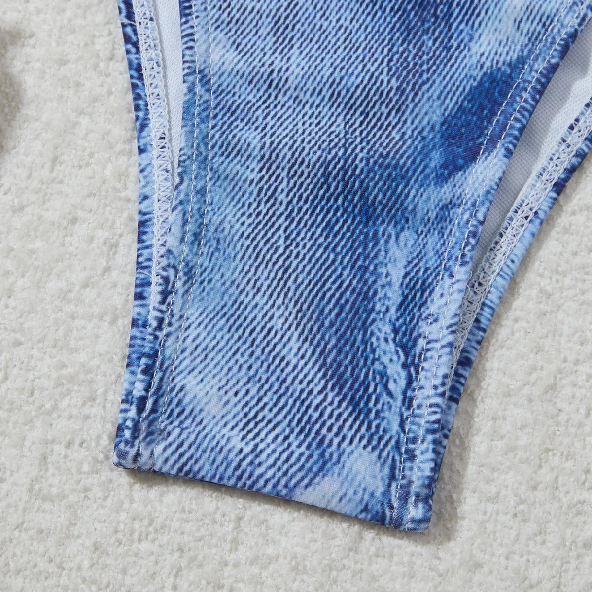 Women's denim blue printed bikini set with adjustable straps