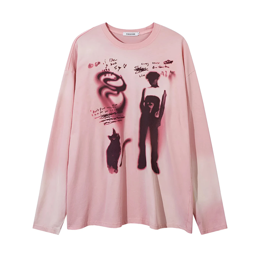 Cotton loose pullover top with drop shoulder sleeves and letter pattern in dark grey colour