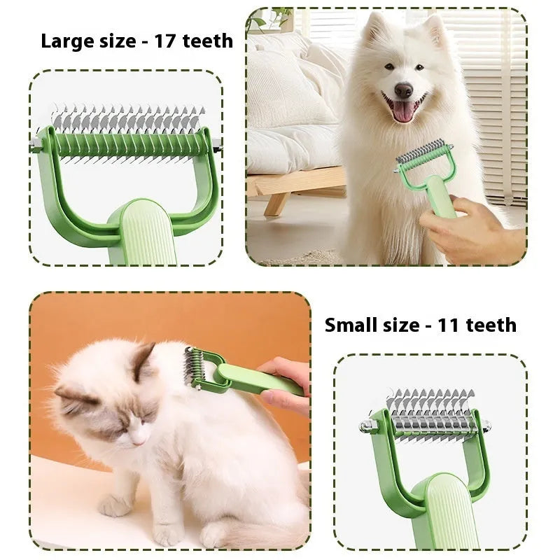 Green and grey pet hair unknotting comb with stainless steel teeth on PP handle