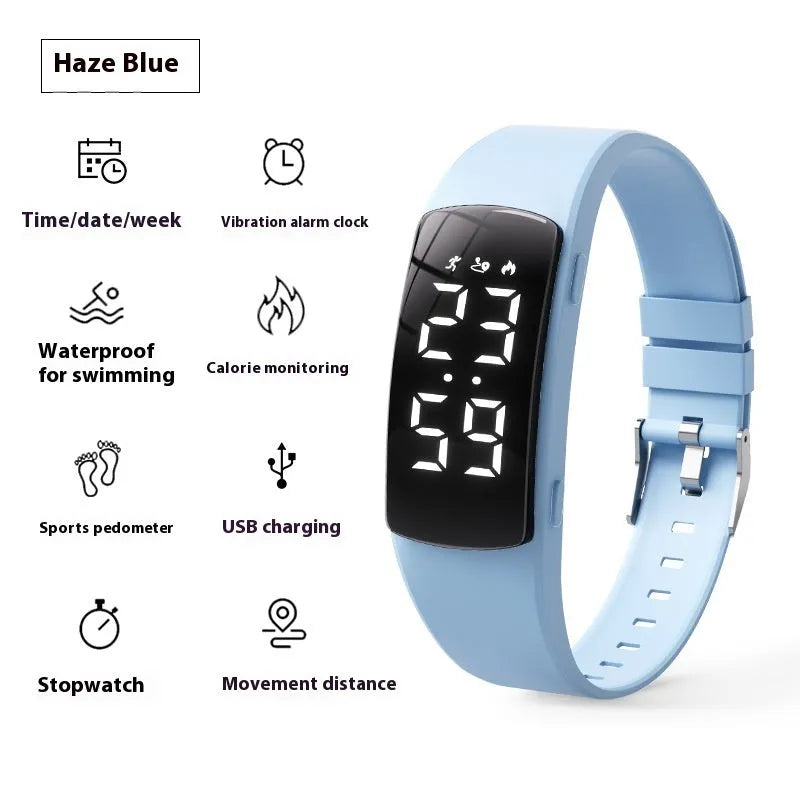 Waterproof vibration alarm clock watch with black silicone strap and LED display showing time