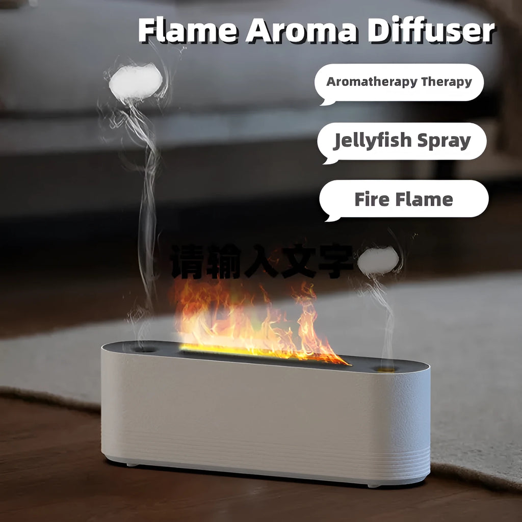 Black ultrasonic humidifier with colourful LED flame lighting and water mist output