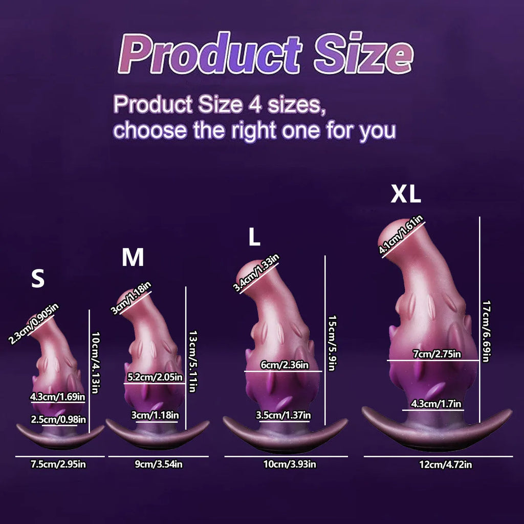 Adult liquid silicone masturbator in purple, gold, or black, shown in sizes S, M, L, XL.