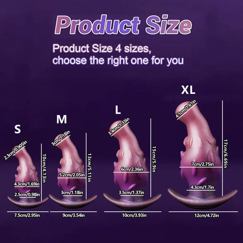 Adult liquid silicone masturbator in purple, gold, or black, shown in sizes S, M, L, XL.