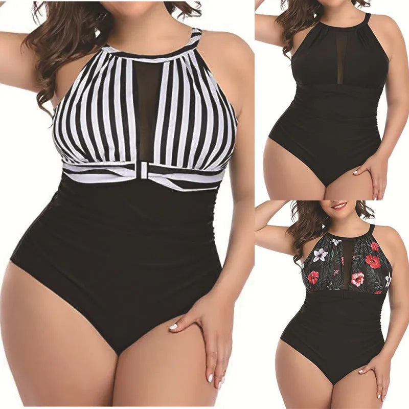 Women's black lace one-piece swimsuit on a hanger, plus size options available.