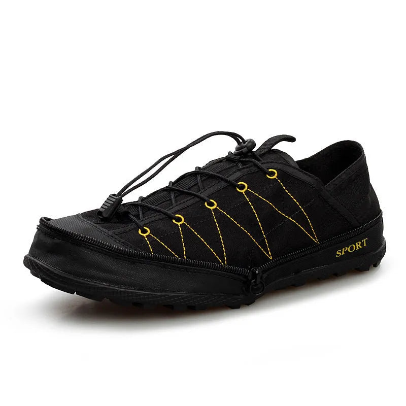 Portable folding outdoor hiking shoes in orange with side zipper closure and mesh upper