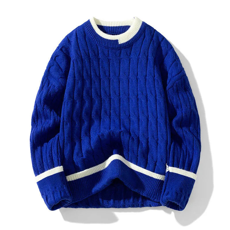 Men's loose fit two-piece acrylic modal sweater set in light blue, sporty pullover style.