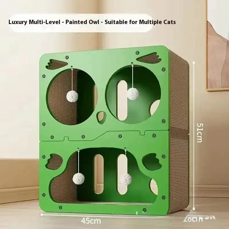 Double layer cat scratching board with attached enclosed cat nest in selected style