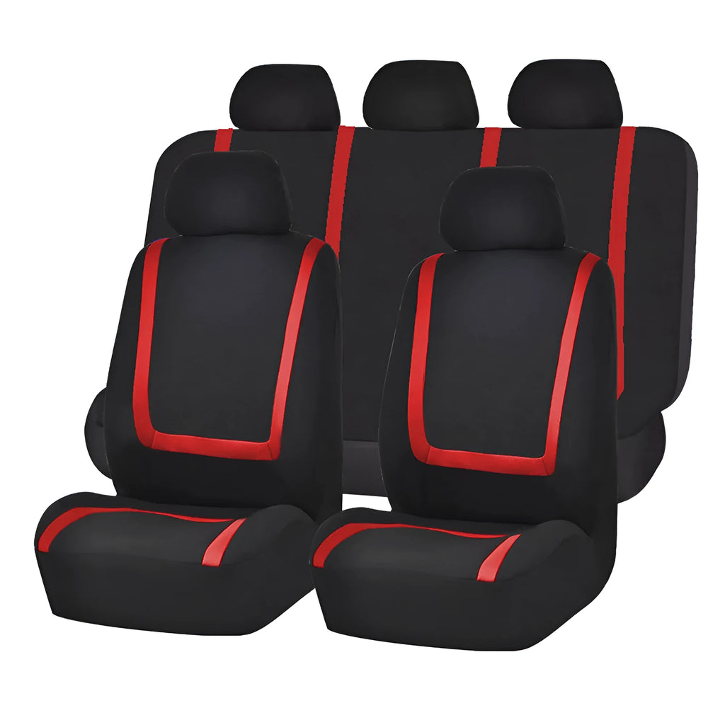 Universal car seat cover set showing fabric construction with headrest and seat protection