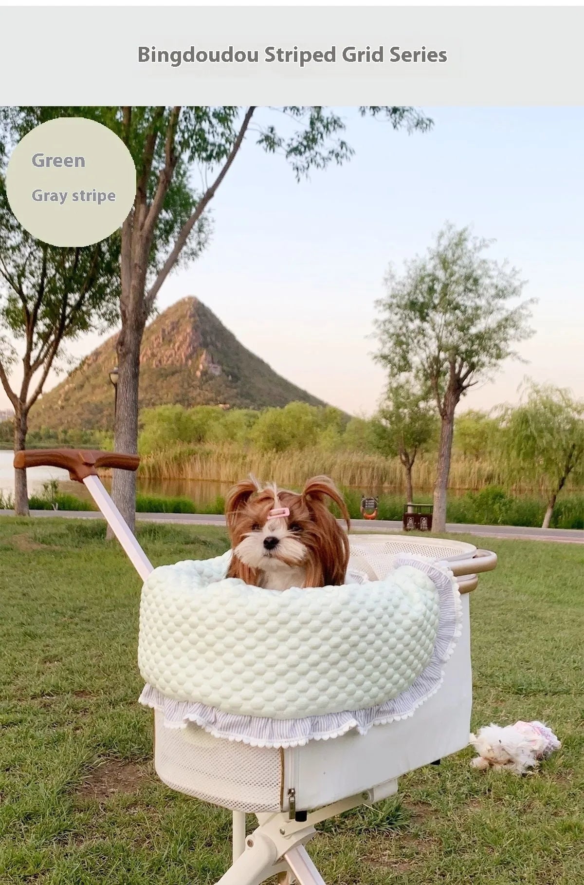Pet stroller accessory set showing cotton anti-dirty towel, cushion, and pillow in a floral pattern.
