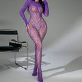 Women's black long sleeve backless lingerie one-piece in jacquard fishnet fabric on a mannequin.