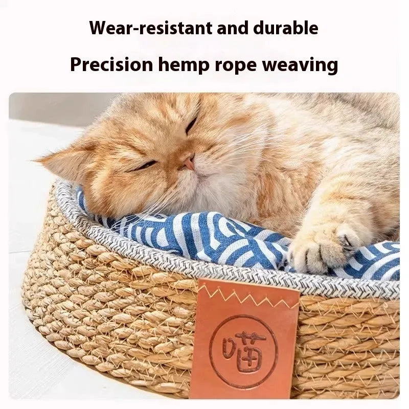 Circular rattan cat bed nest with woven sides, showing breathable construction for pet resting