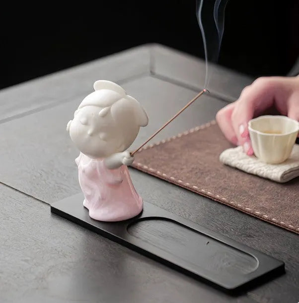 Ceramic cute female court attendant figurine incense burner decoration.