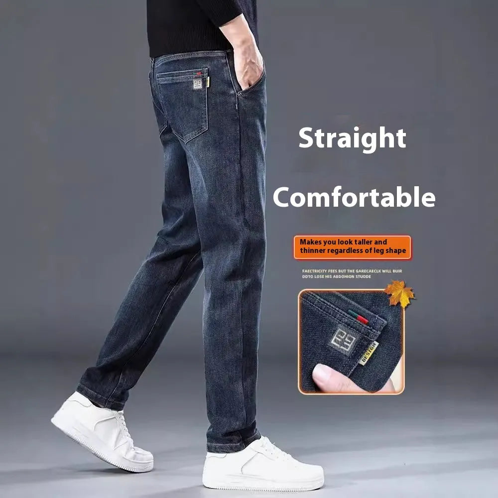 Blue grey and black slim straight loose casual thin trousers on a hanger, showing mid waist and zipper fly.