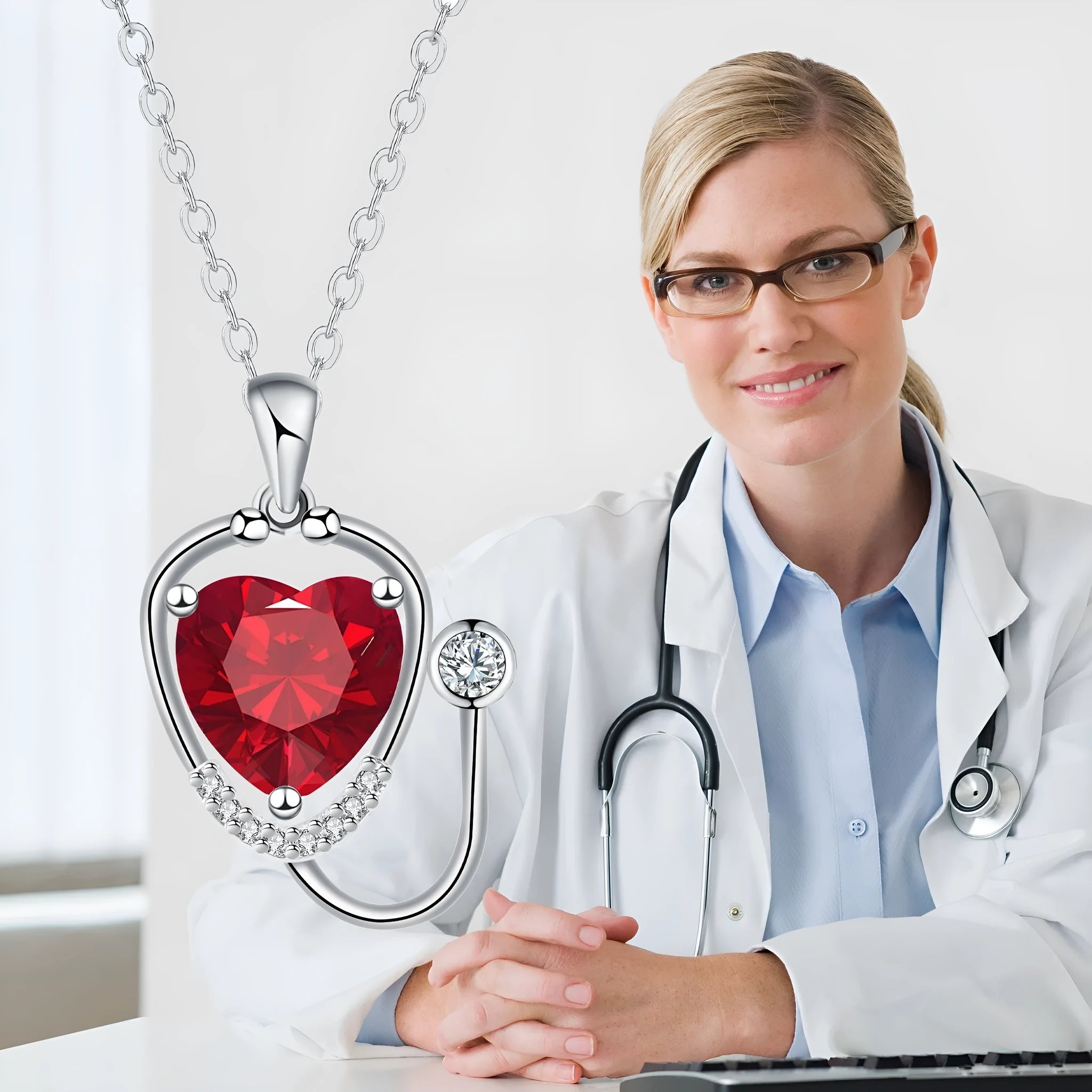 Red diamond coloured women's necklace with wings, cross, and stethoscope pendant.