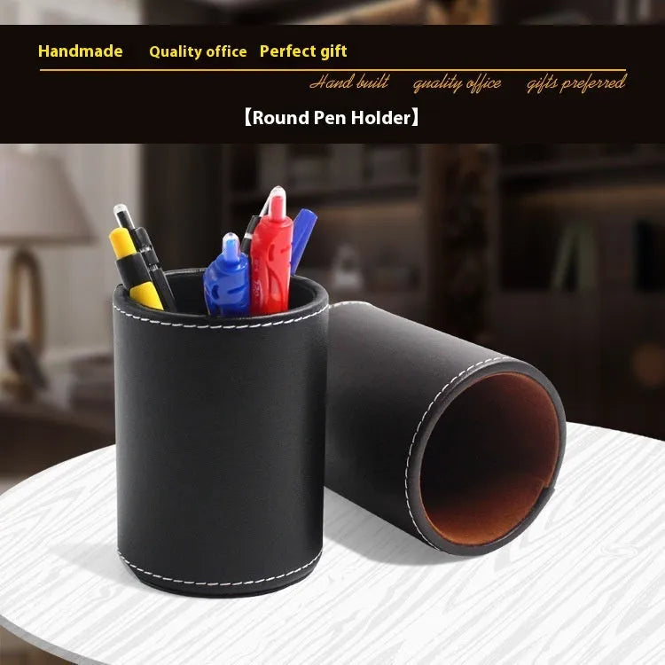 Small round black leather pen container showing dimensions