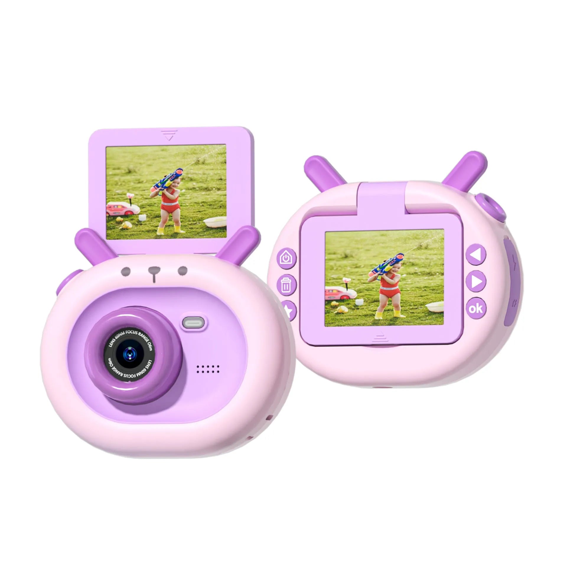 Purple children's digital camera with flip screen, silicone case lanyard, and USB cable on a cartoon map.