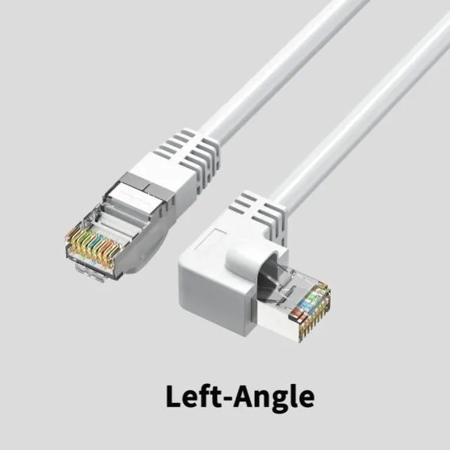 Right-angle Cat6 Ethernet cable with RJ45 connector in various colour options