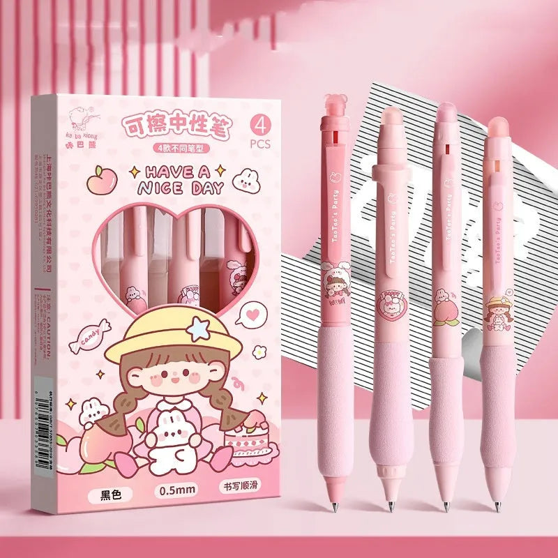 Erasable cartoon-themed press gel pen with 0.5mm fine tip in black and crystal blue ink options.