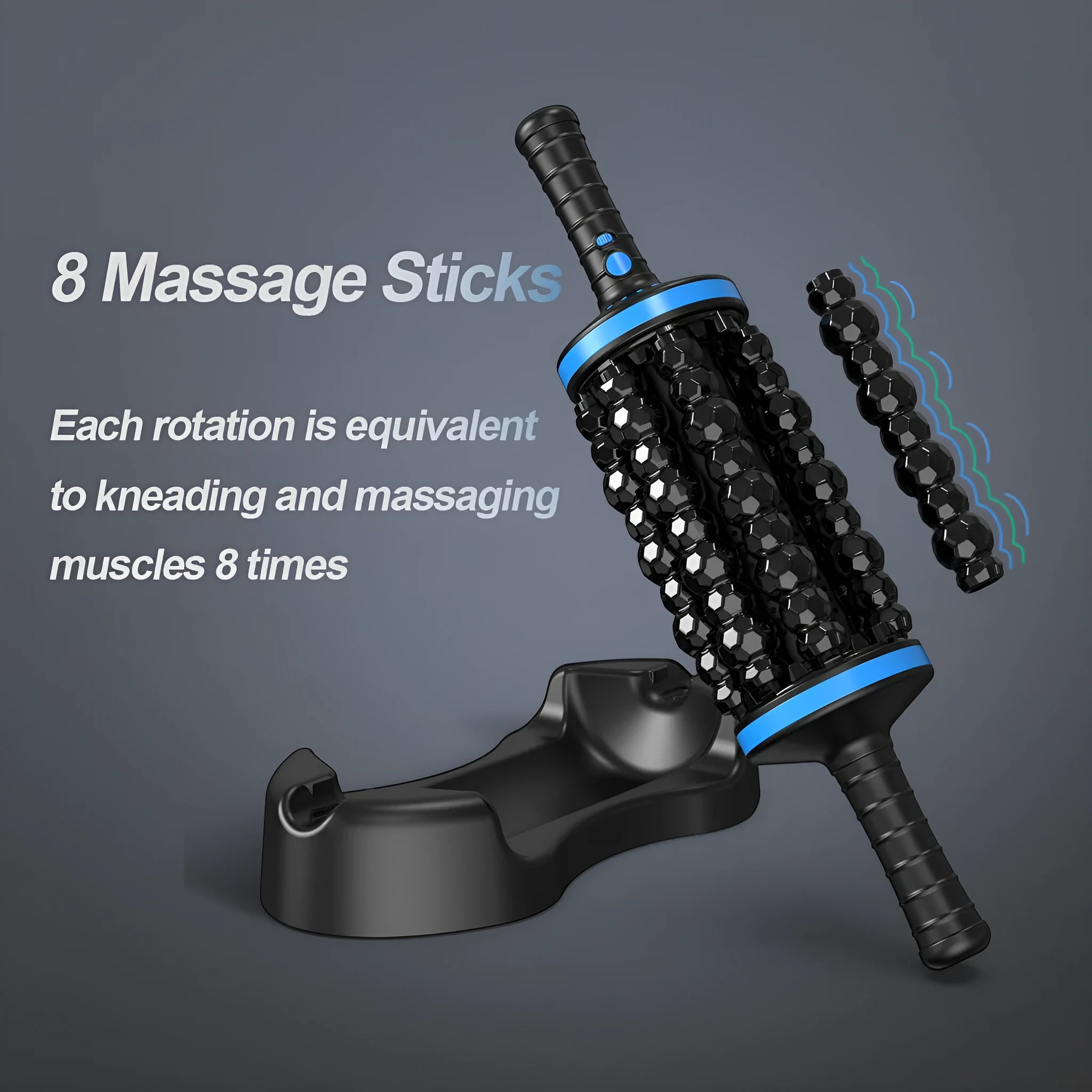 Handheld electric muscle massager with rolling nodes in blue ABS plastic