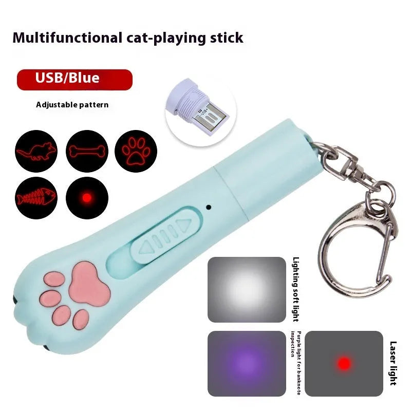 Infrared pet laser toy with cat teasing stick in blue colour.