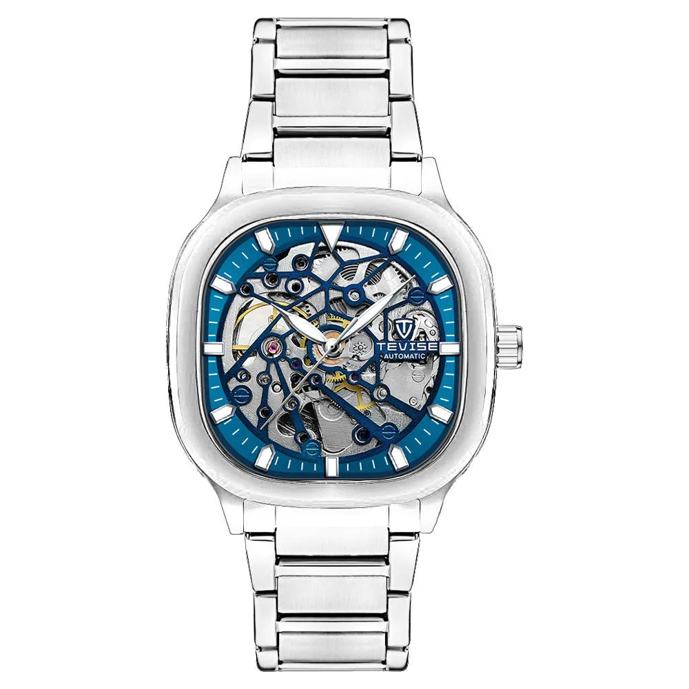 Men's square hollow automatic watch with luminous hands and stainless steel strap