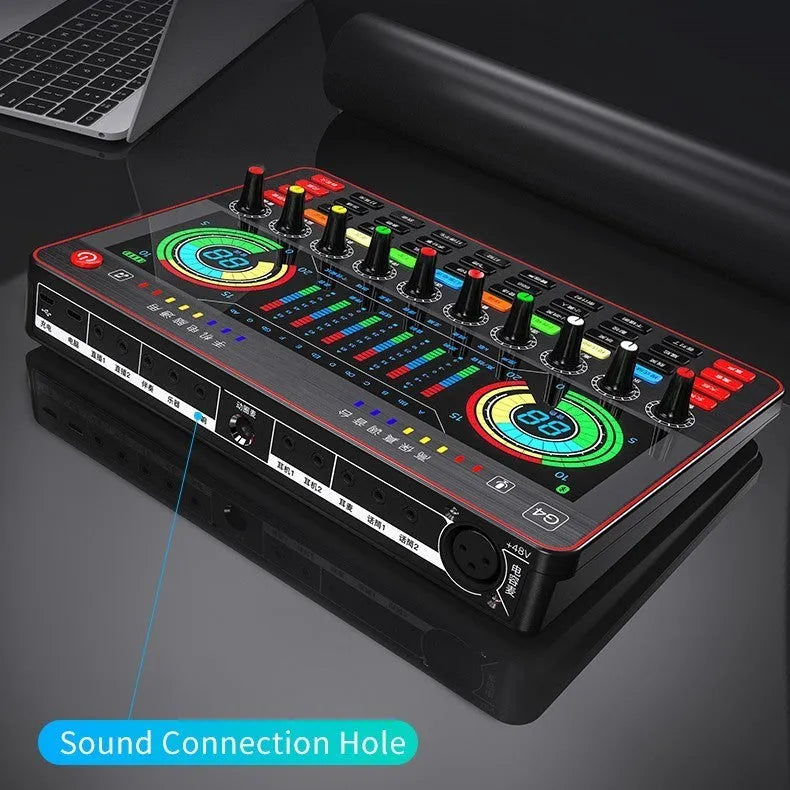 G4 professional live sound card set with LCD display, control knobs, remote, cables, and a dynamic microphone.
