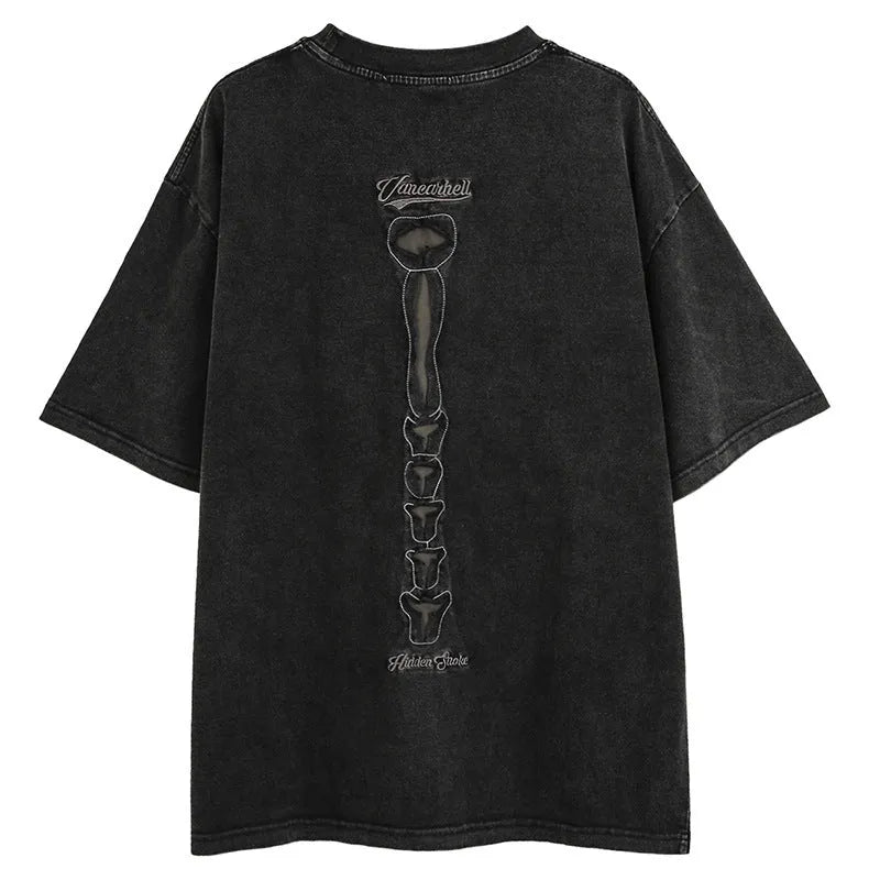 Brown cotton t-shirt with skull print design and drop shoulder sleeves laid flat