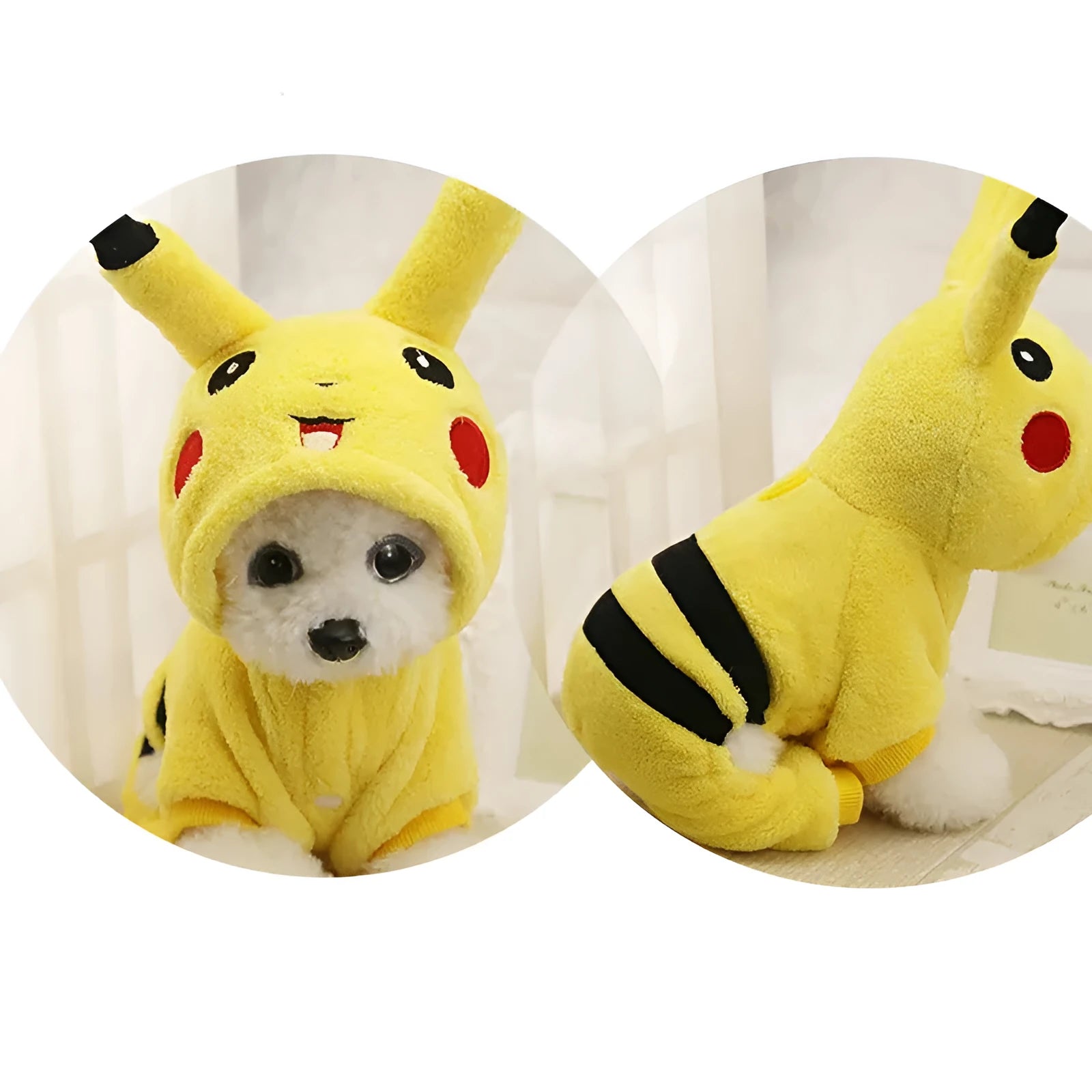 A small dog or cat wearing a cartoon-design fleece coat with a hoodie, suitable for indoor winter wear.