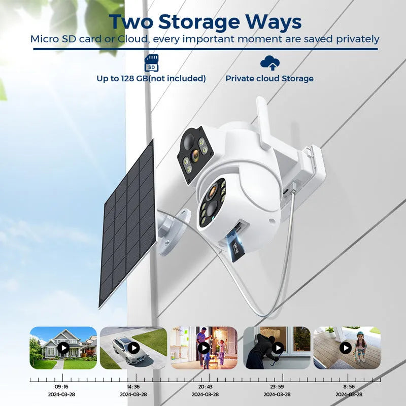 White outdoor solar security camera with solar panel on wall mounting