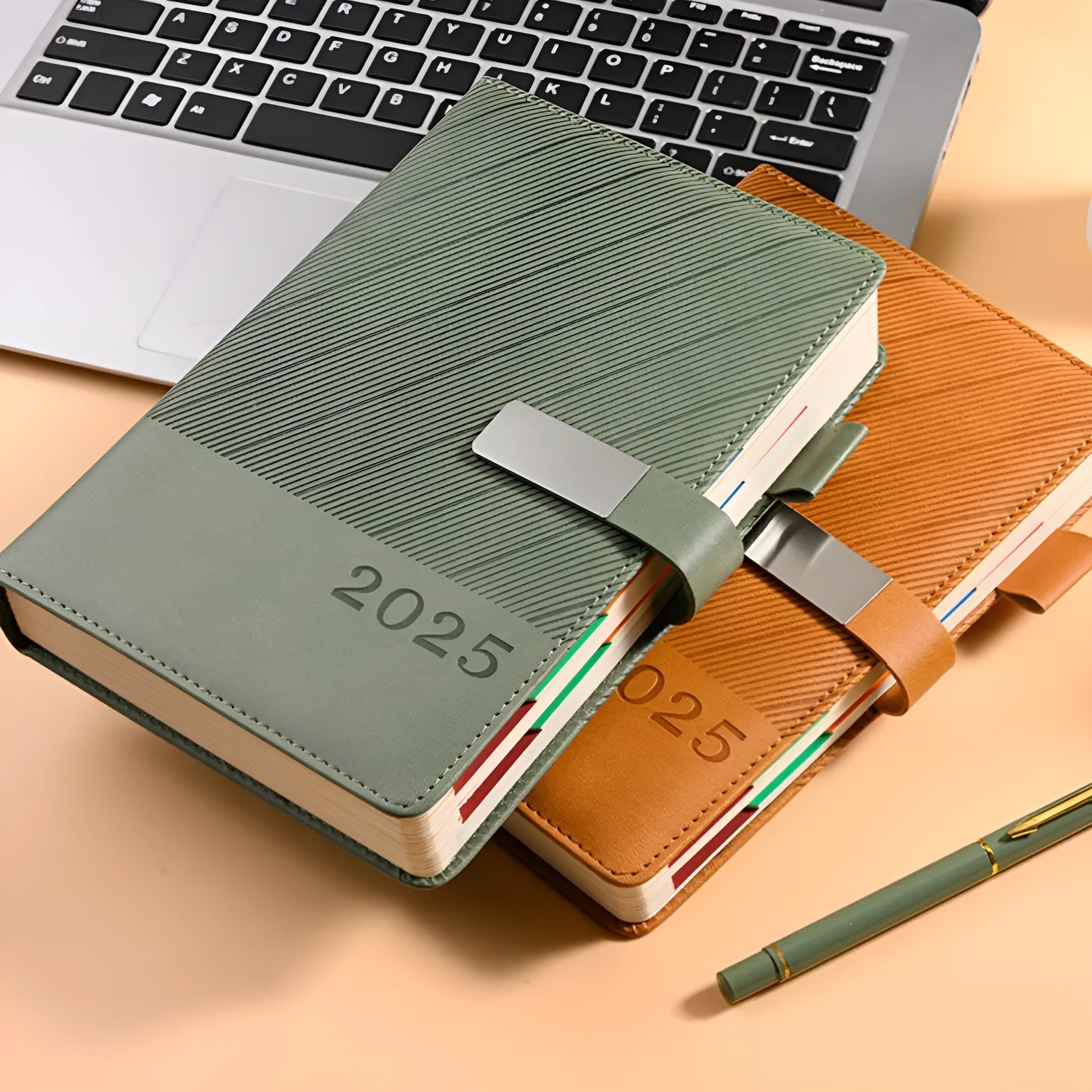 A5 office notepad with striped PU leather cover showing 204 sheets of thickened paper