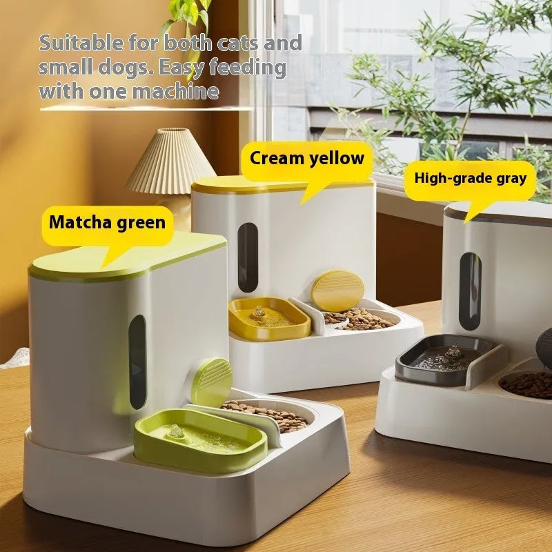 Automatic cat feeder with integrated water dispenser showing grey, green, and yellow colour options