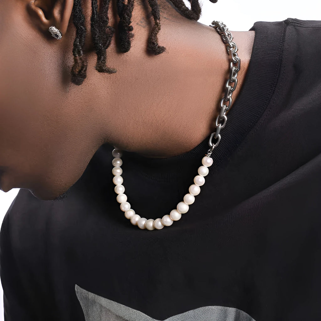 Men's natural pearl necklace with titanium steel chain white 8mm width 45cm length