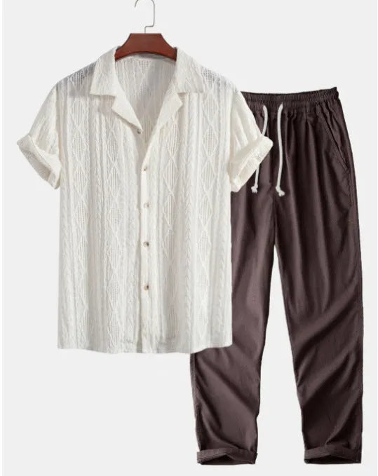Slim-fit linen cardigan suit set with digital camouflage pattern including short-sleeve shirt and trousers